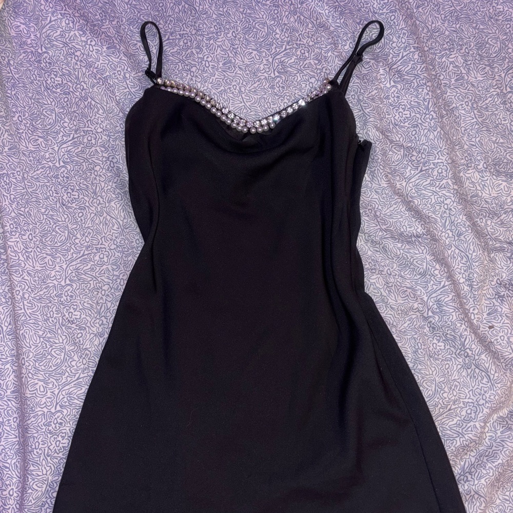 Hello Molly Black Mini Dress with Pearl and Rinestone Details